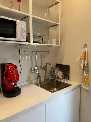 a kitchen with a sink and a microwave at Giulia's Apartment in Altavilla Milicia