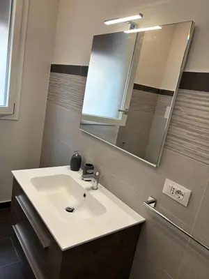 a bathroom with a white sink and a mirror at Giulia's Apartment in Altavilla Milicia