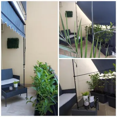 two pictures of a patio with plants and a bench at Tiny Home Di Carlo in Palermo