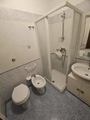 a bathroom with a shower and a toilet and a sink at David's Apartment in San Vito lo Capo