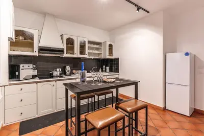 a kitchen with a table with chairs and a refrigerator at Large two-room apartment within walking distance of the Teatro Massimo in Palermo