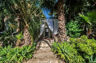 a path through a garden with palm trees and plants at Casa Portico, con piscina in comune in Terrasini
