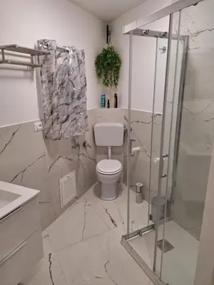a bathroom with a toilet and a glass shower at Tra I Normanni E Cattedrale Apartament Palermo in Palermo