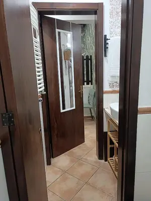 a bathroom with a wooden door and a sink at Talitha in Palermo