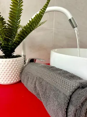 a bathroom sink with a towel and a plant on a counter at Casa Mortillaro - The Heart of Palermo, Ballaro Market in Palermo