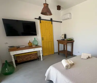 a bedroom with a tv and a yellow door at Rui2 Exclusive Accomodation in Terrasini