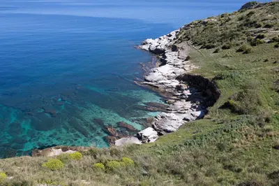 an aerial view of the ocean and a rocky coast at Casale La Macina - Hotel, Scopello in Scopello