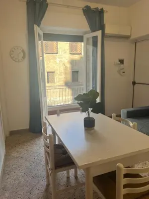 a table with a potted plant on it in a room with a window at Home Sampolo in Palermo