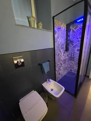 a bathroom with a shower and a toilet and a sink at Thaleia Suite & Spa in Palermo