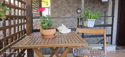 a wooden table with a potted plant and a chair on a porch at la casetta di nin e gian mondello in Palermo