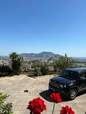 a black jeep parked next to some red flowers at La Casetta Panoramica in Palermo
