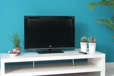 a flat screen tv sitting on a white stand with plants at Mondello Suites FLH - Anemone in Palermo