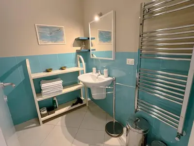 a blue bathroom with a sink and a shower at Belmonte 18 in Palermo