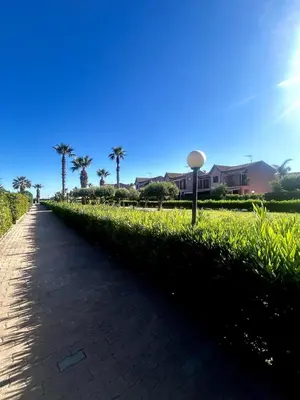 a brick path with palm trees and houses in the background at Casetta mia Seaside in Buonfornello