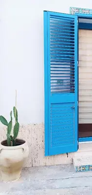 a plant in a pot next to a blue door at Casa Sciàpó in Terrasini