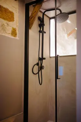 a bathroom with a shower and a toilet and a sink at Serafina Suites in Palermo
