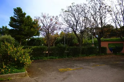 a parking lot with trees and bushes and a building at Summer House in Buonfornello