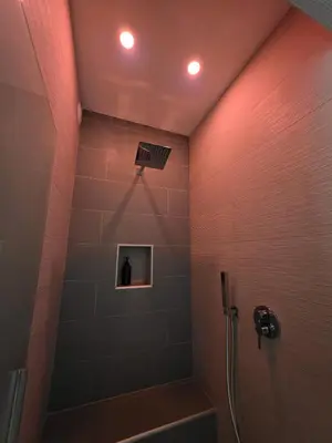 a bathroom with a shower with a shower at Light Charme, Sun Light Apartment a due passi dalla PIAZZA DUOMO in Terrasini