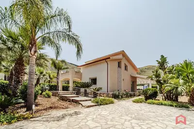 a house with a palm tree and a driveway at Villa with private Pool in Castellammare dei Golfo in Castellammare del Golfo