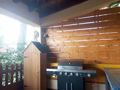 a kitchen with a stove and a wooden wall at Mami house in Sambuca di Sicilia