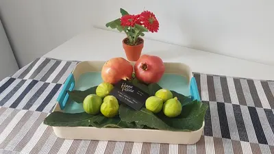 a tray with apples and other fruits on a table at Higgie House in Palermo