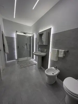 a bathroom with a shower and a toilet and a sink at Vitale House in Borgetto