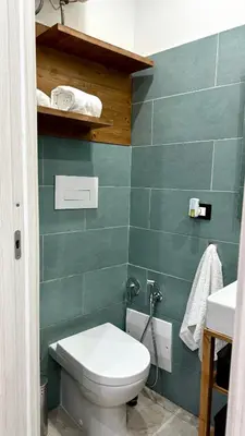 a green bathroom with a toilet and a sink at DiGi Home in Palermo