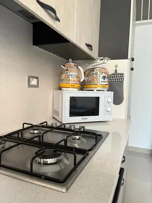 a kitchen with a stove and a microwave at Arena Dorada apartaments Margarita in Balestrate