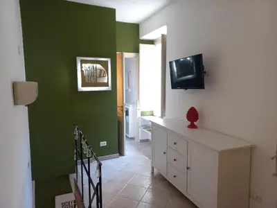 a living room with green walls and a tv at Ballaria Pop Art in Palermo