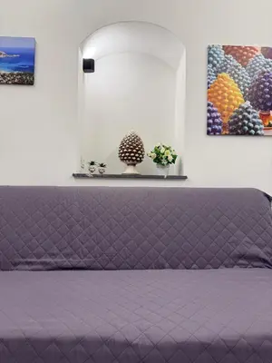 a purple bed in a room with paintings on the wall at VUCCIRIA' S ROOM centro storico in Palermo