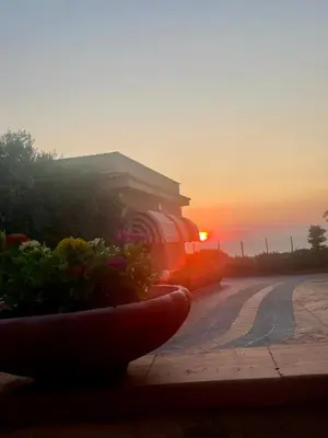 a sunset over a building with a bowl of flowers at Villa Fiory in Terrasini
