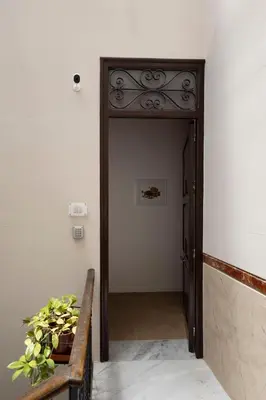 a hallway with a wooden door and a potted plant at Suite80 in Palermo