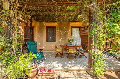 a patio with a table and chairs and vines at Acquamarina 24 in San Vito lo Capo