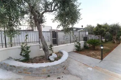 a tree in a stone planter next to a fence at Twins House Vacation Home in Carini
