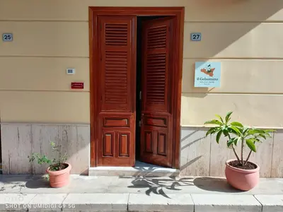 a wooden door on a building with two potted plants at Il Gelsomino in Bagheria