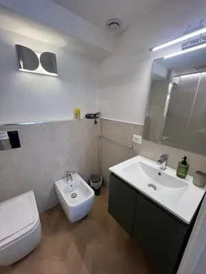 a bathroom with a sink and a toilet and a mirror at Vivimi Deluxe Apartment in Palermo