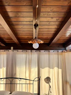 a ceiling with a chandelier and a shower curtain at La casetta dei limoni in Santa Flavia