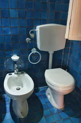 a blue tiled bathroom with a toilet and a sink at VFH Villa Cala del Cuore con piscina, 50 m dal mare in Santa Flavia