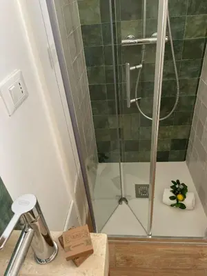 a shower with a glass door with flowers on a counter at La Casa dei Limoni - Your Sicilian Getaway near the sea in Terrasini in Terrasini