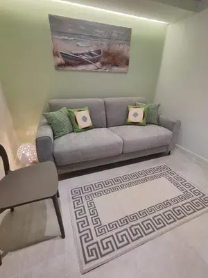 a living room with a gray couch and a chair at Molly house in Palermo