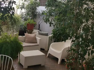 a patio with chairs and tables and plants at B&B Museo Salinas in Palermo
