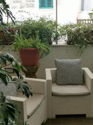 two wicker chairs sitting on a patio with plants at B&B Museo Salinas in Palermo
