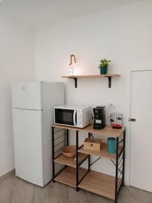 a kitchen with a microwave on a shelf next to a refrigerator at Blu di Sicilia in Palermo