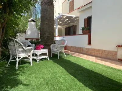 a group of chairs sitting on a lawn next to a tree at Villa Glicine a pochi passi dal mare e dal centro in San Vito lo Capo