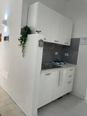 a kitchen with white cabinets and a sink at Mdue in Palermo