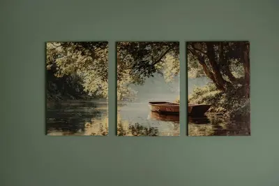 two paintings of a boat in a lake at Sarina's apartment in Palermo