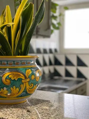 a colorful vase sitting on a counter with a plant in it at Casa Levante in Palermo