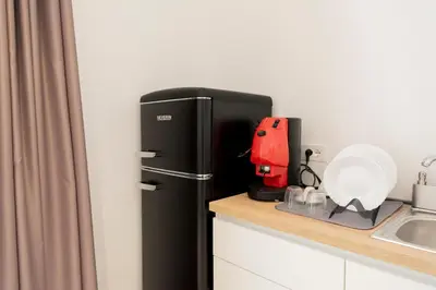 a black refrigerator in a kitchen next to a sink at Cielo D'Alcamo Palazzo Oliva in Alcamo