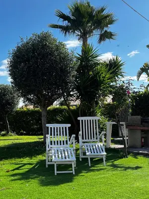 two white chairs sitting in the grass near a palm tree at Villa Vulcano - Le Ville del Mediterraneo in Campofelice di Roccella