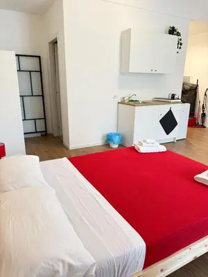 a bedroom with a bed with a red rug on the floor at Dimora dell'Olivella 1 in Palermo